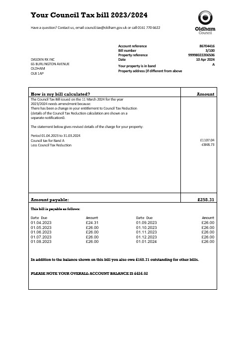 United Kingdom Oldham council tax business utility bill template in Word and PDF formats